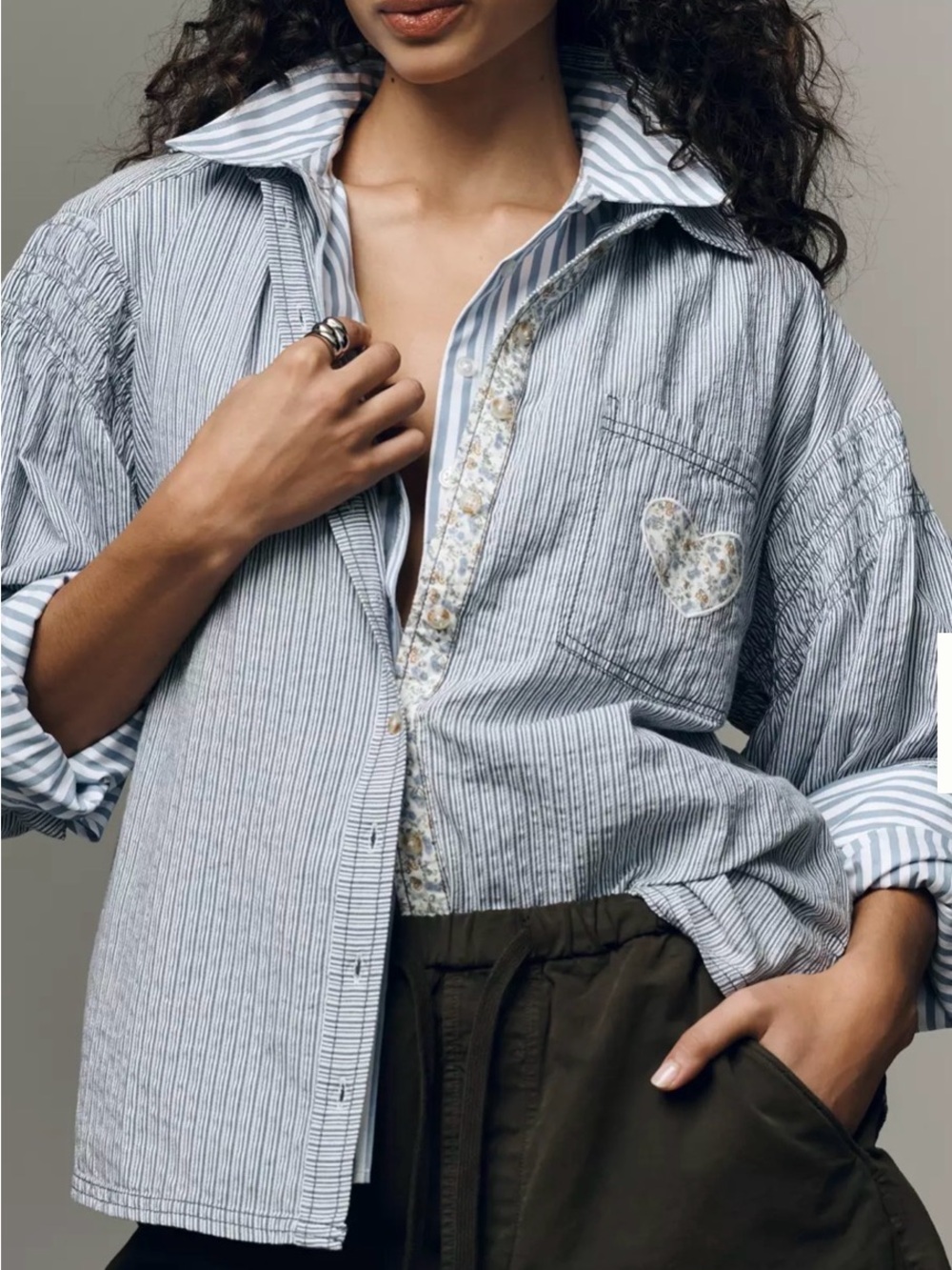 Pilcro Mix-Print Heart Blue & White Striped Button-Up Blouse NWT